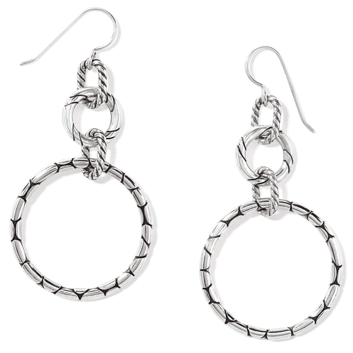 Brighton drop earrings with silver-plated linked circles featuring textured and rope detailing on a white background