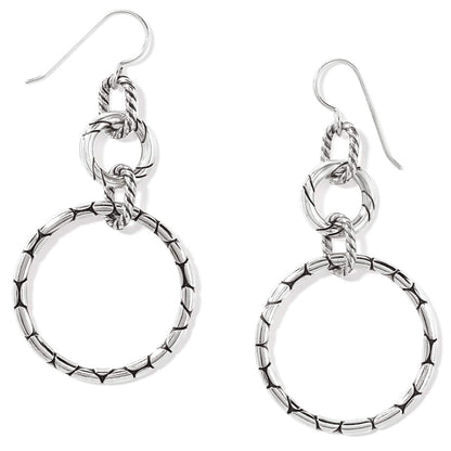 Brighton drop earrings with silver-plated linked circles featuring textured and rope detailing on a white background