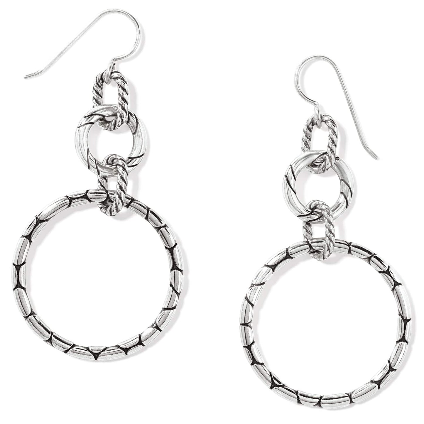 Brighton drop earrings with silver-plated linked circles featuring textured and rope detailing on a white background