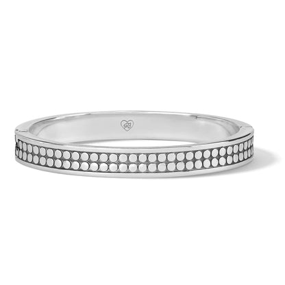 Brighton hinged bangle bracelet with silver-plated finish and double row of beaded dot detailing on a white background