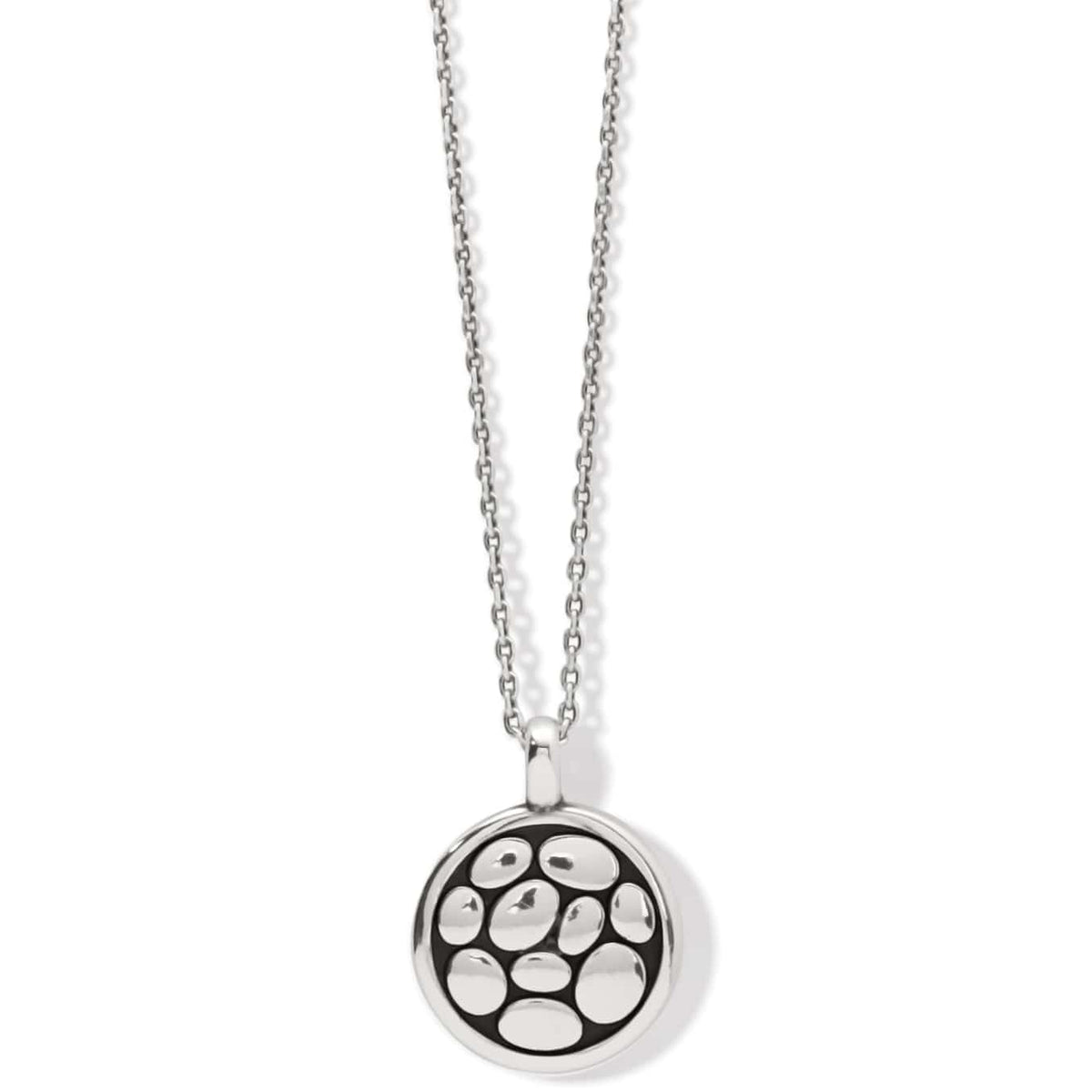 Brighton pendant necklace with silver-plated round medallion featuring pebbled texture on delicate chain on a white background