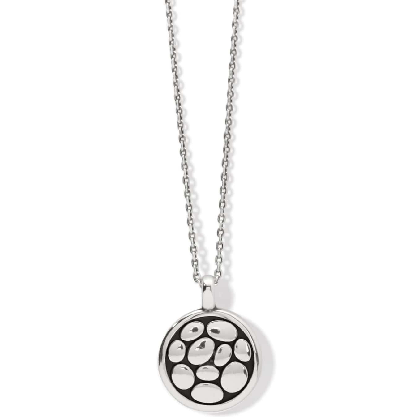 Brighton pendant necklace with silver-plated round medallion featuring pebbled texture on delicate chain on a white background