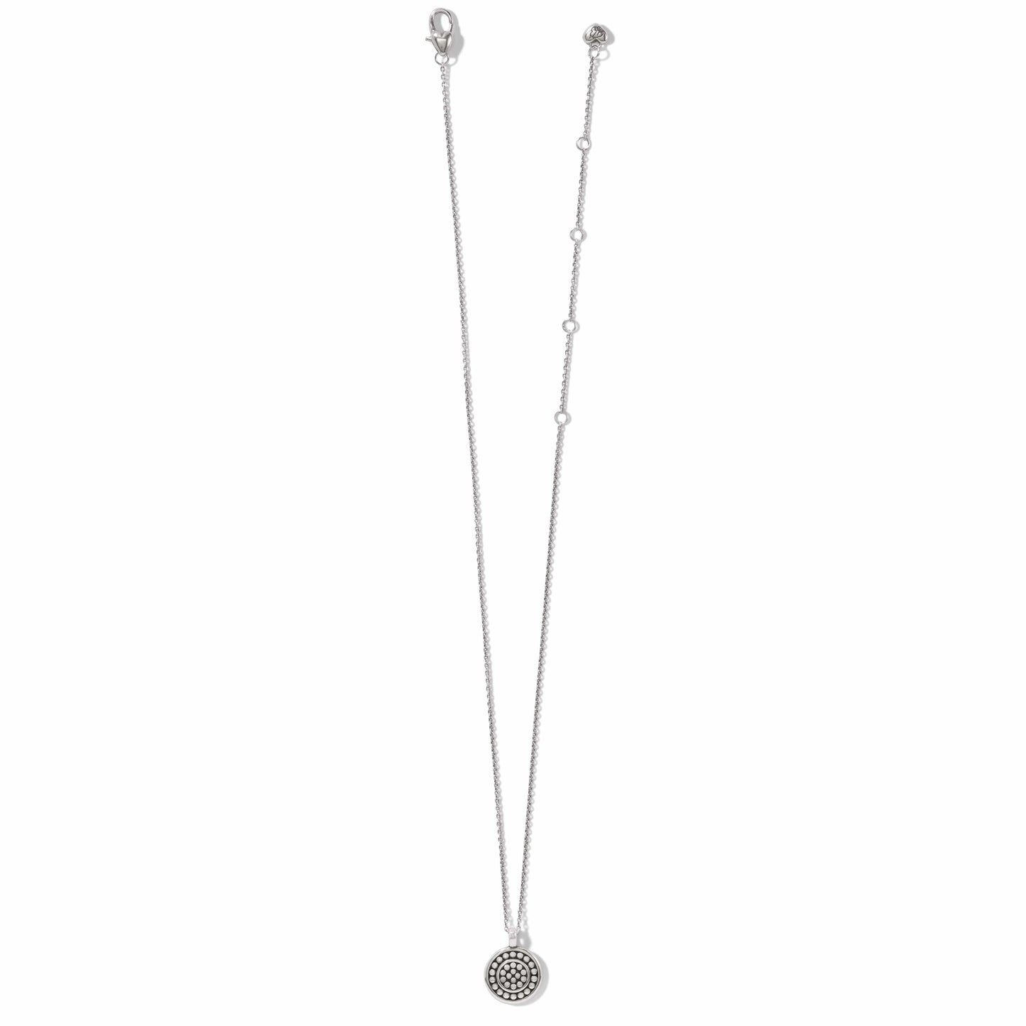 Brighton pendant necklace with silver-plated beaded circular medallion and thin cable chain on a white background
