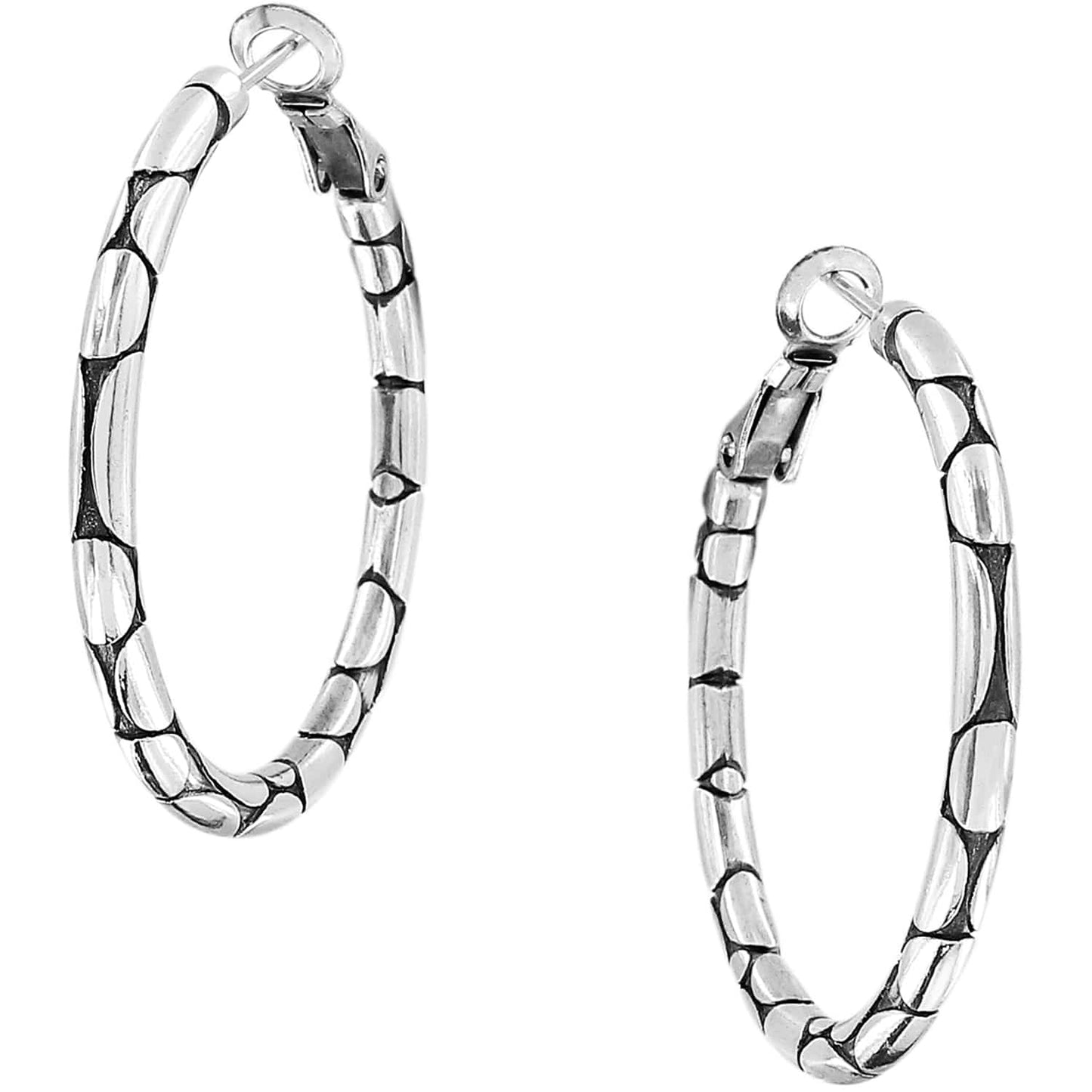 Brighton silver-plated hoop earrings with textured pebbled pattern and hinged closures on a white background