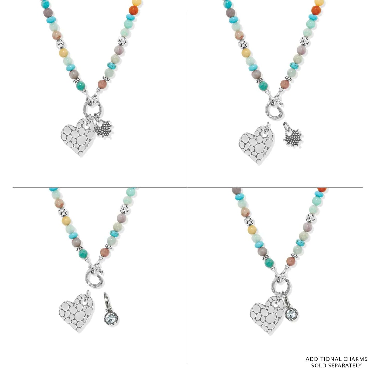 Brighton beaded necklace shown in four views with silver-plated heart charms and multicolor stone beads on a white background