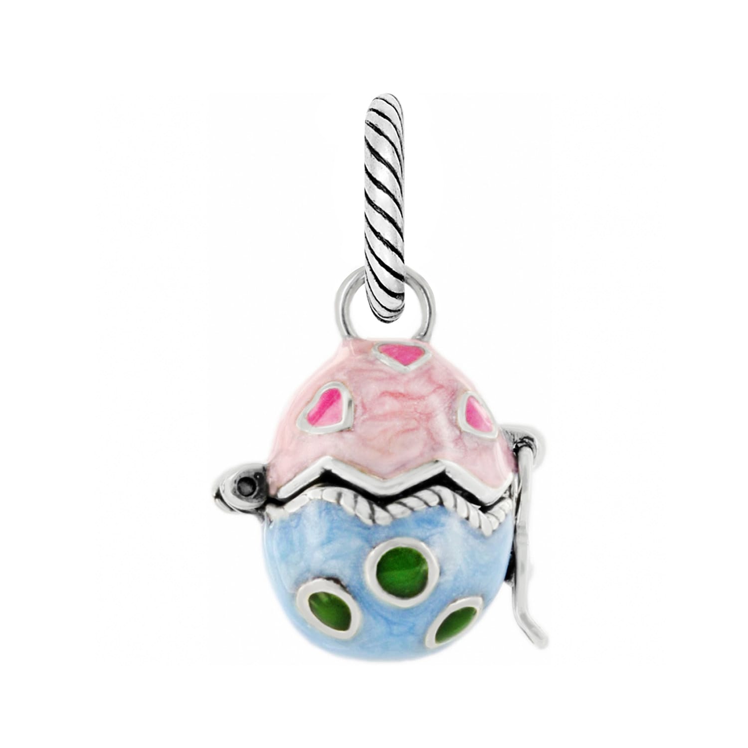 Brighton egg charm with pink and blue enamel finish, floral and dot accents on a white background