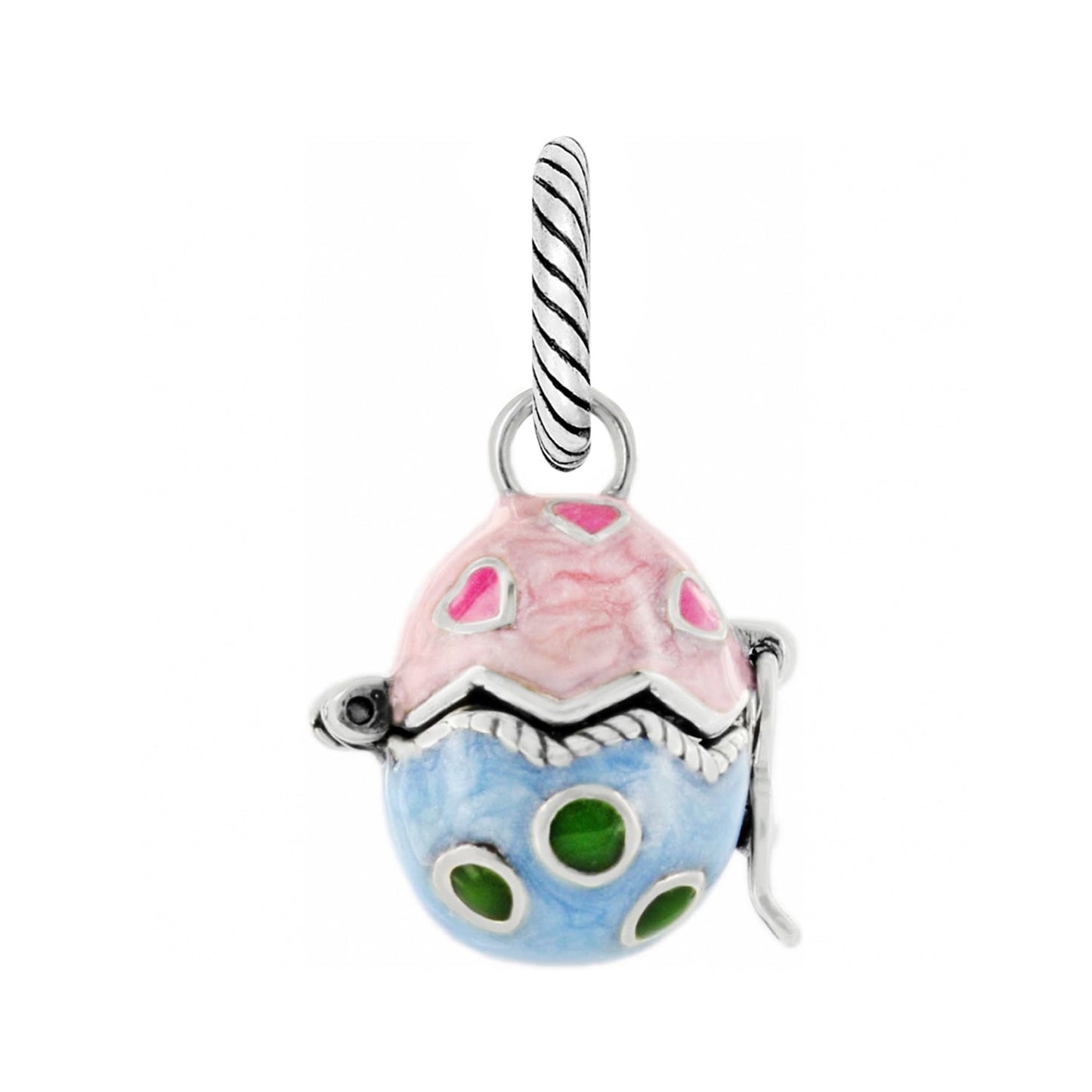 Brighton egg charm with pink and blue enamel finish, floral and dot accents on a white background