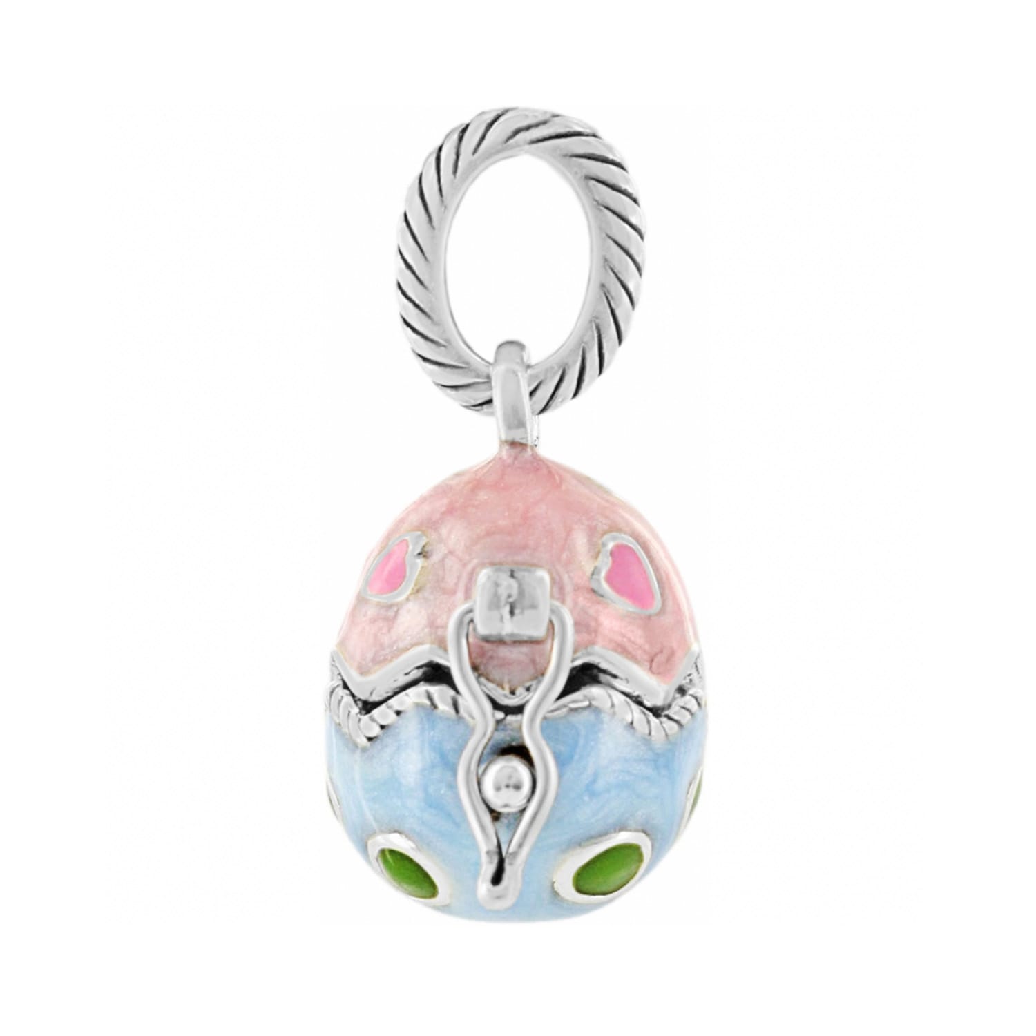 Brighton egg-shaped charm pendant with pink and blue enamel finish and silver-tone rope bail on a white background