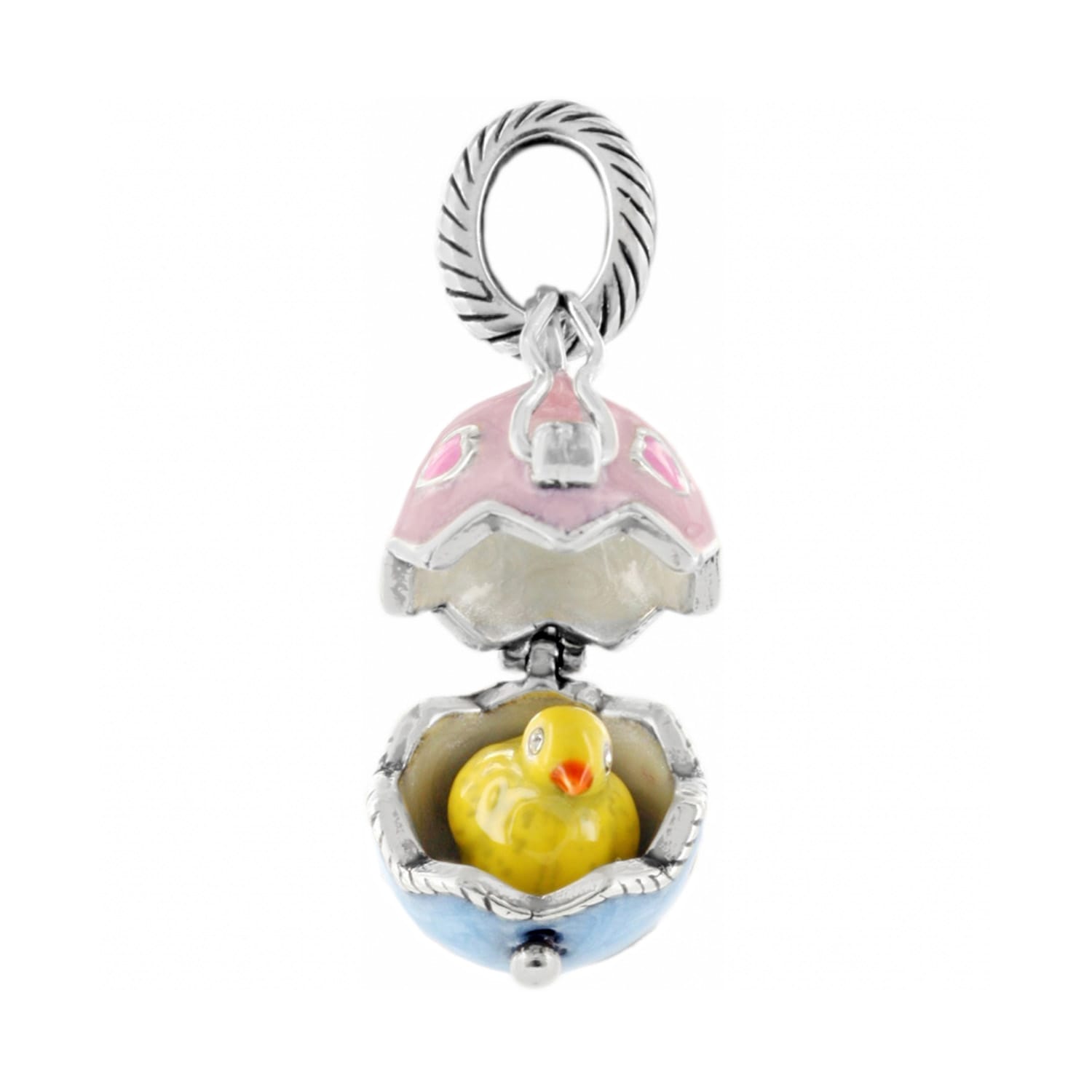 Brighton egg charm shown open with yellow enamel chick inside pink and blue shell halves on a white background