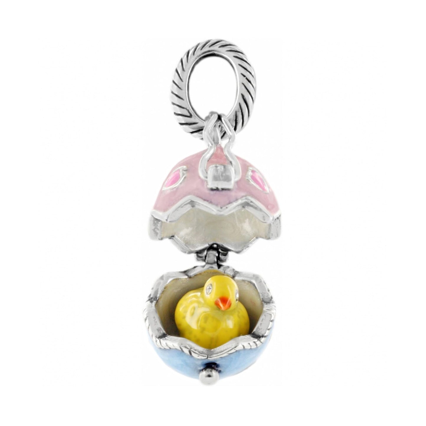 Brighton egg charm shown open with yellow enamel chick inside pink and blue shell halves on a white background