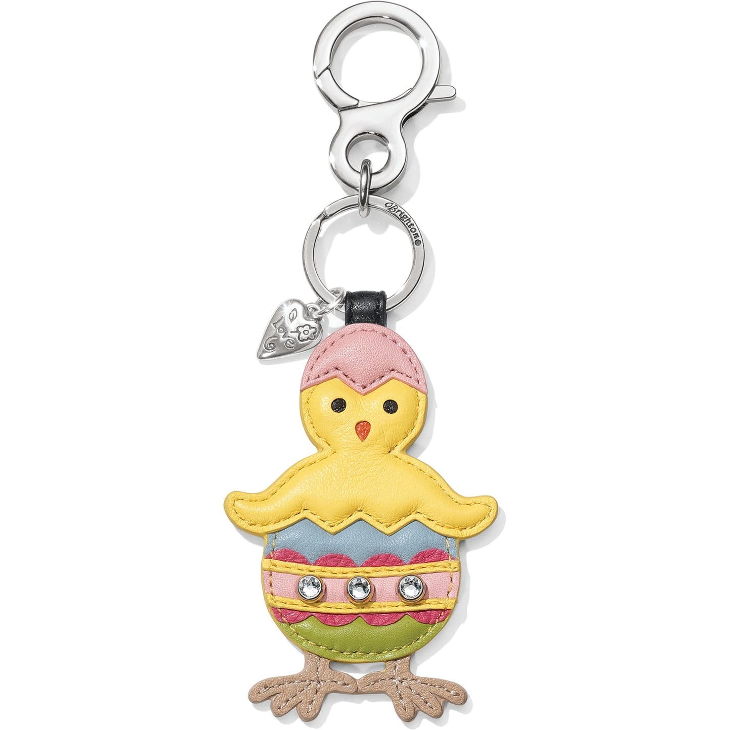 Brighton leather bag charm shaped like a yellow chick in a pastel Easter egg with crystals on a white background