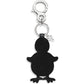Brighton chick-shaped keychain in black leather with silver-tone clasp and small heart charm on a white background