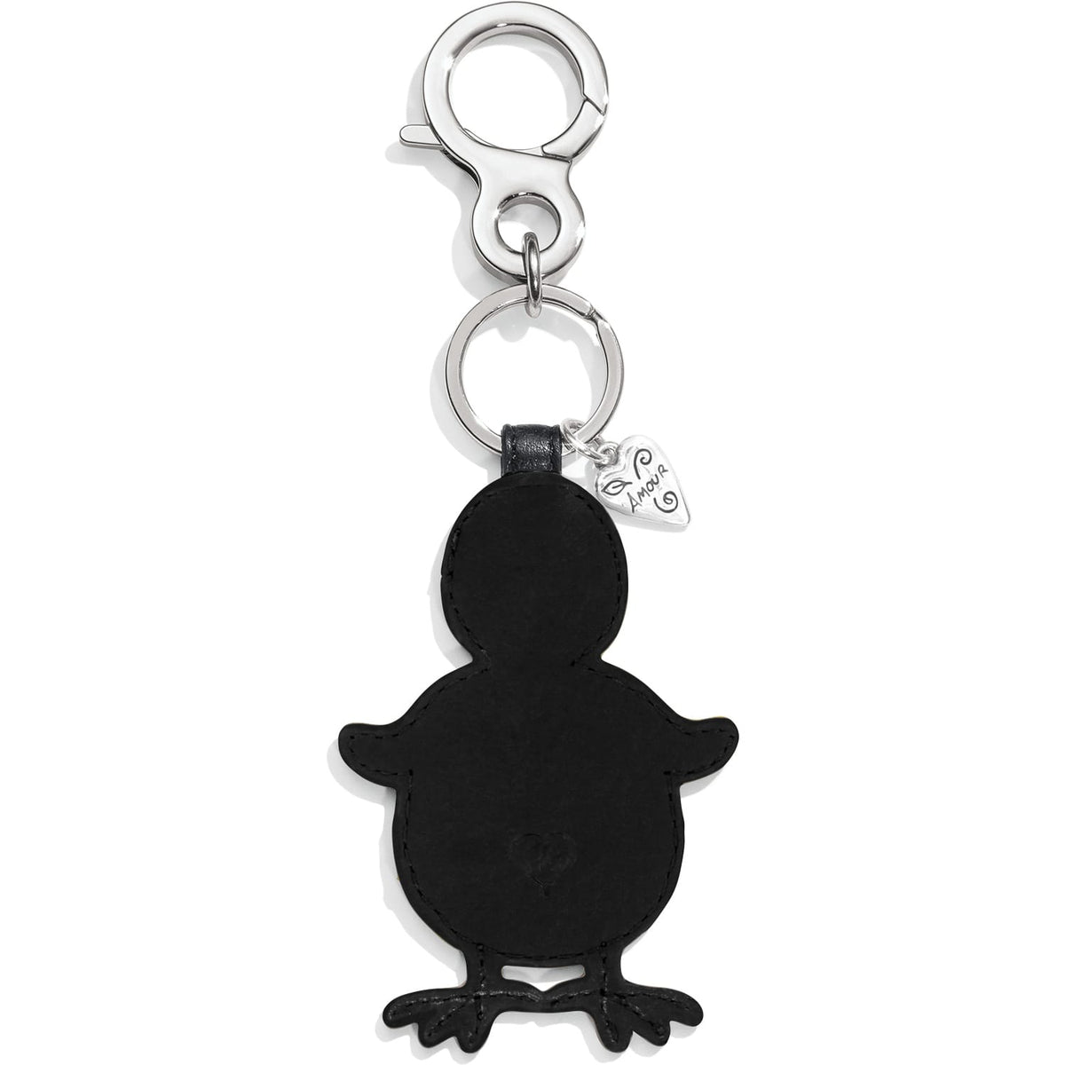 Brighton chick-shaped keychain in black leather with silver-tone clasp and small heart charm on a white background