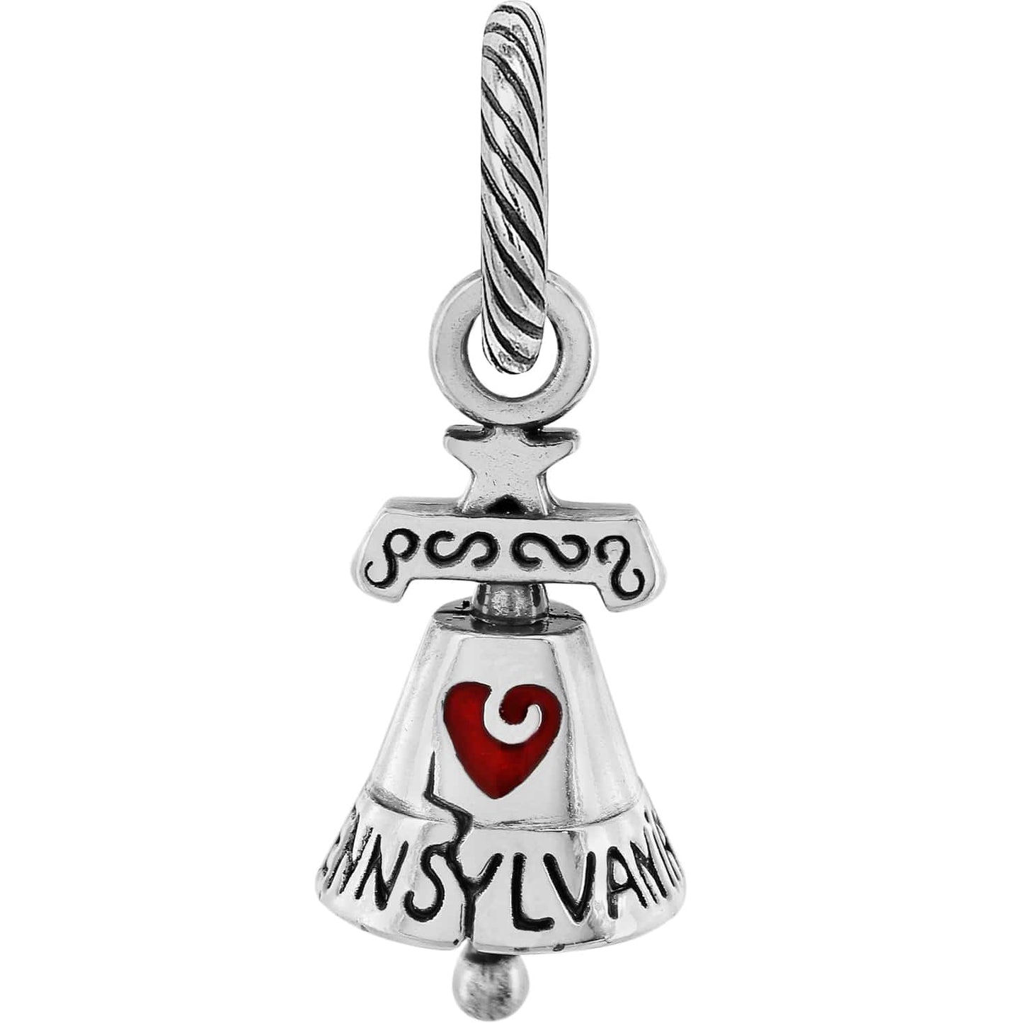 Brighton bell charm with silver-tone finish, red enamel heart, and Pennsylvania engraving on a white background