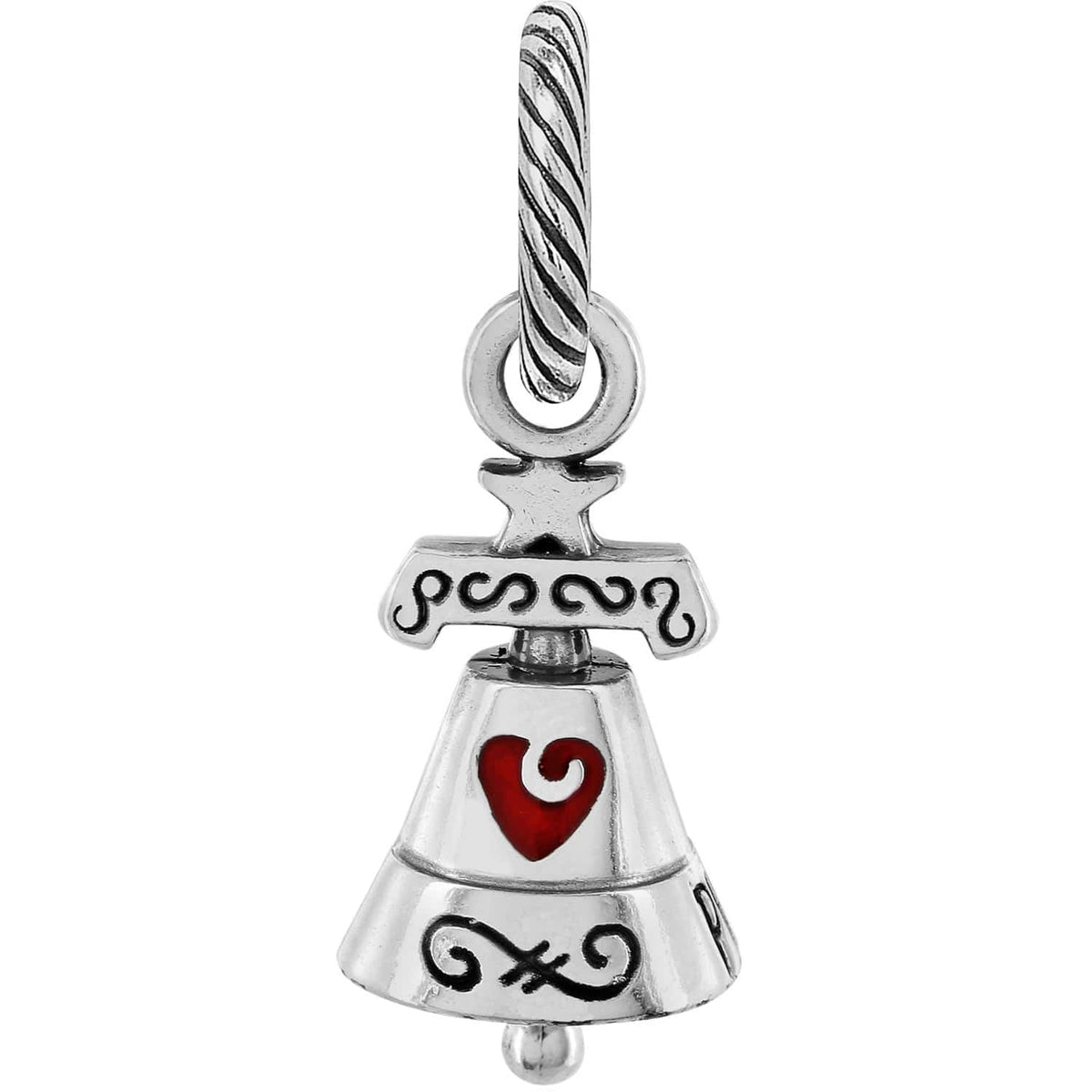 Brighton bell charm with silver-tone scrollwork detailing and red enamel heart accent on a white background