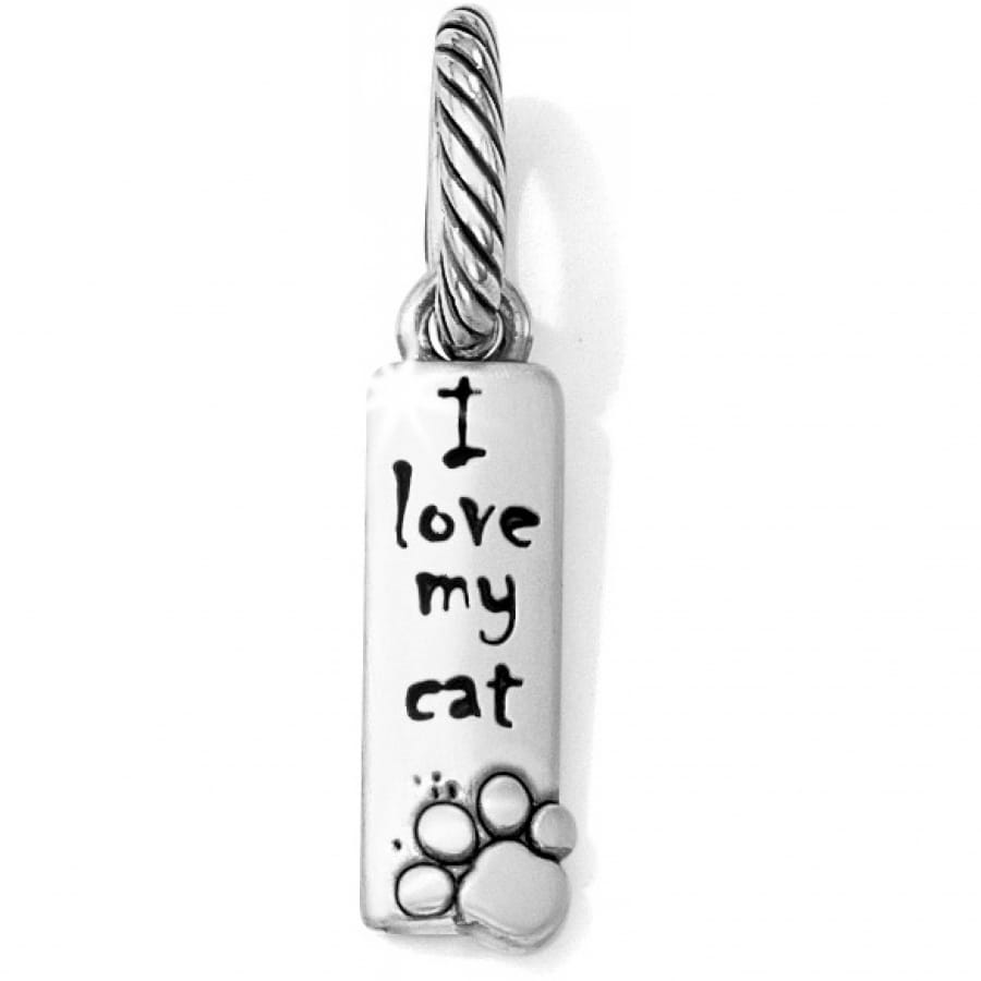 Brighton charm with I love my cat inscription, paw print detail, and brushed silver finish on a white background