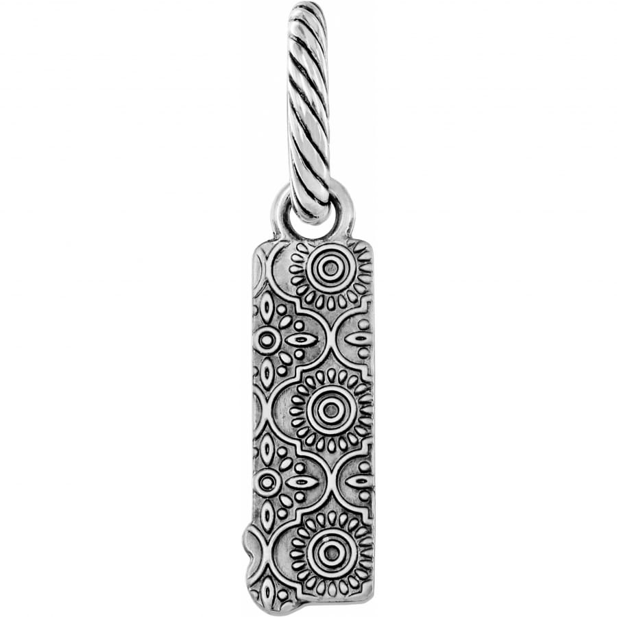 Brighton rectangular charm with brushed silver medallion floral engraved pattern and twisted rope bail on a white background