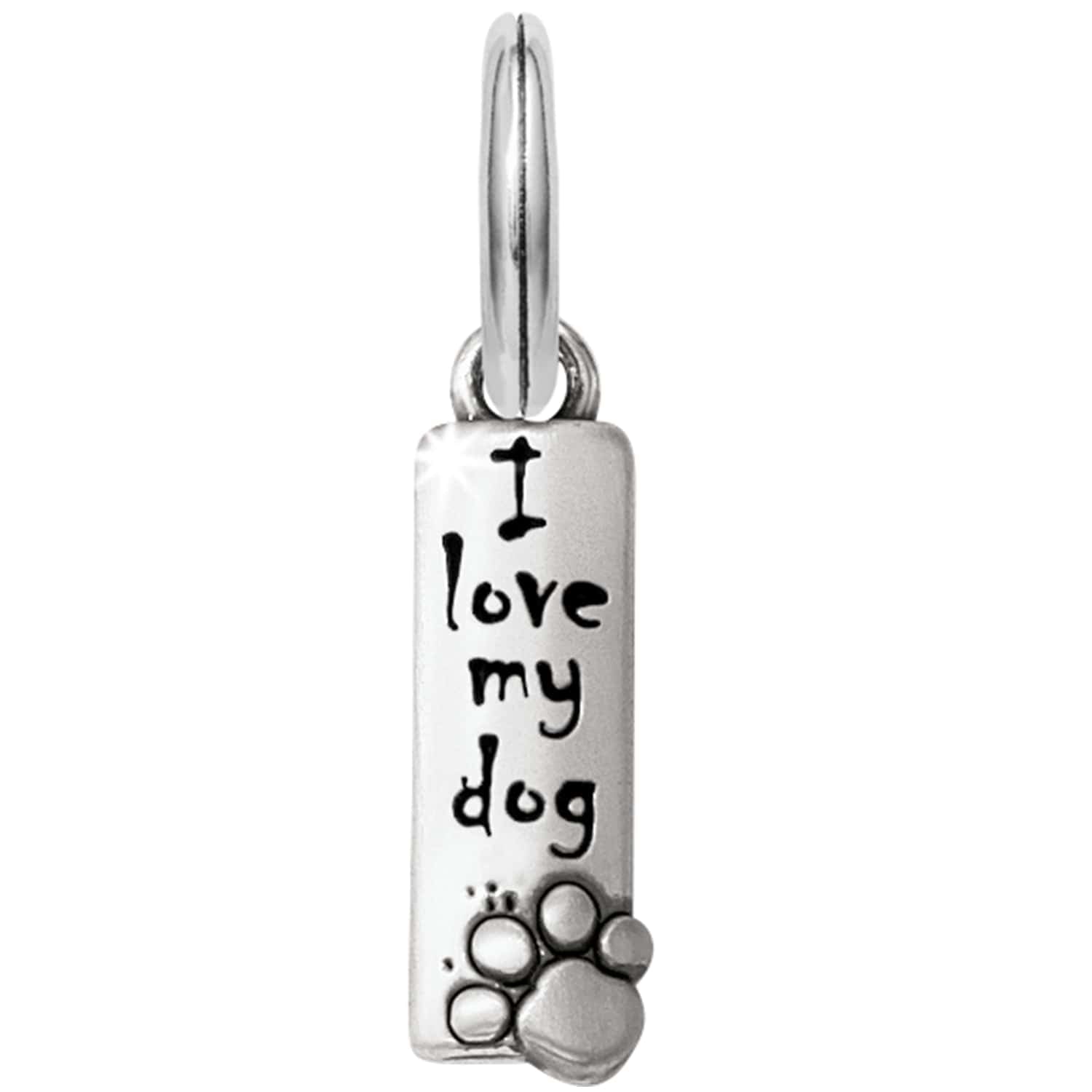 Brighton charm with brushed silver finish, engraved I love my dog text and paw print on a white background