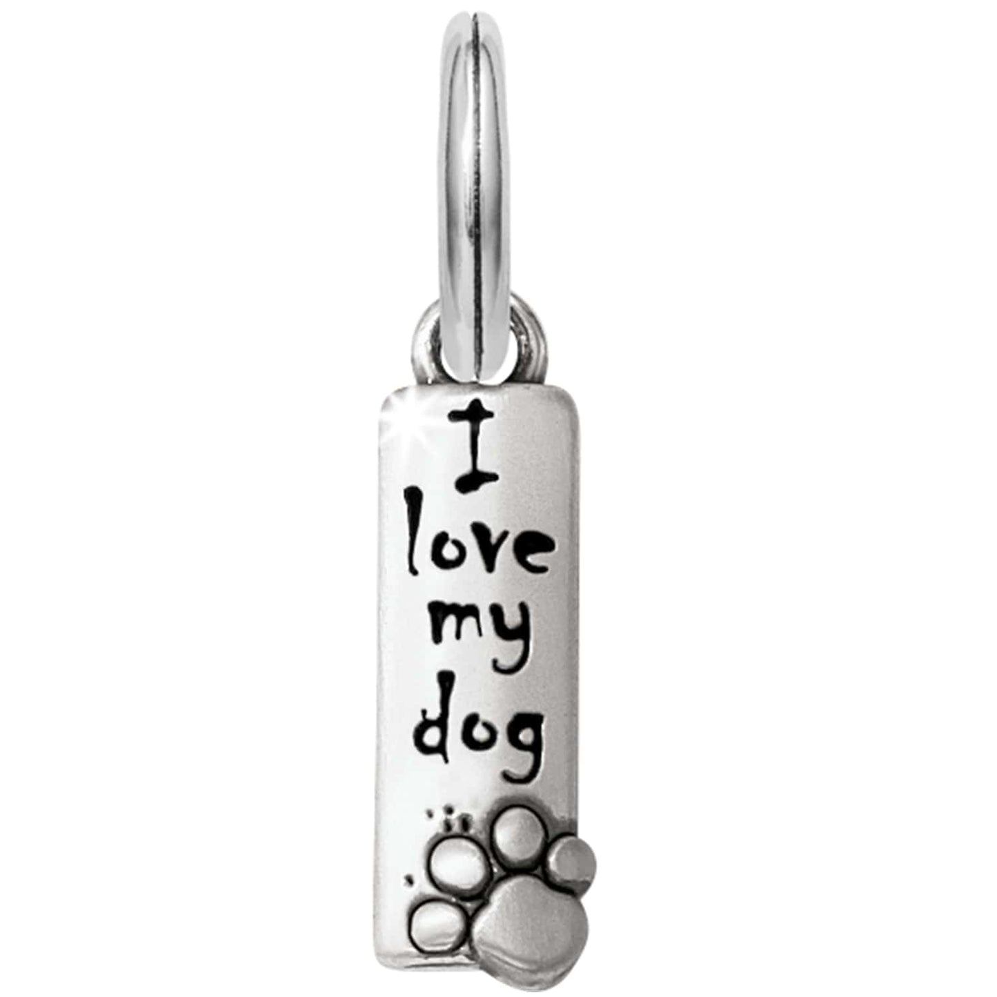 Brighton charm with brushed silver finish, engraved I love my dog text and paw print on a white background