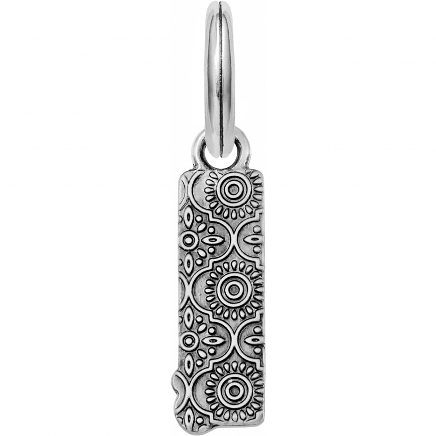 Brighton charm with brushed silver finish featuring engraved floral medallion pattern and split ring on a white background