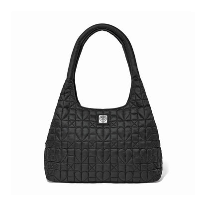 Brighton shoulder handbag in black quilted fabric with heart stitching pattern and silver-tone logo plaque on a white background