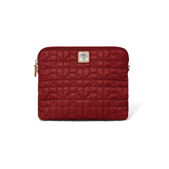 Brighton pouch in red quilted nylon with heart pattern, zip closure, and small logo tag on a white background