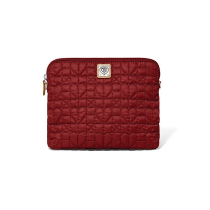 Brighton pouch in red quilted nylon with heart pattern, zip closure, and small logo tag on a white background