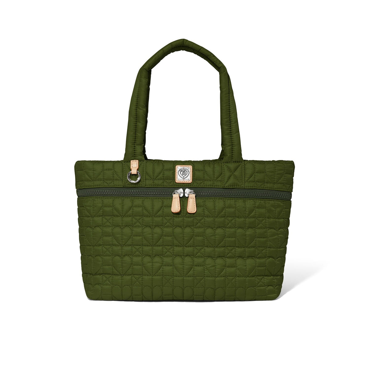Brighton tote handbag in olive green quilted heart pattern with dual handles and front zip pocket on a white background