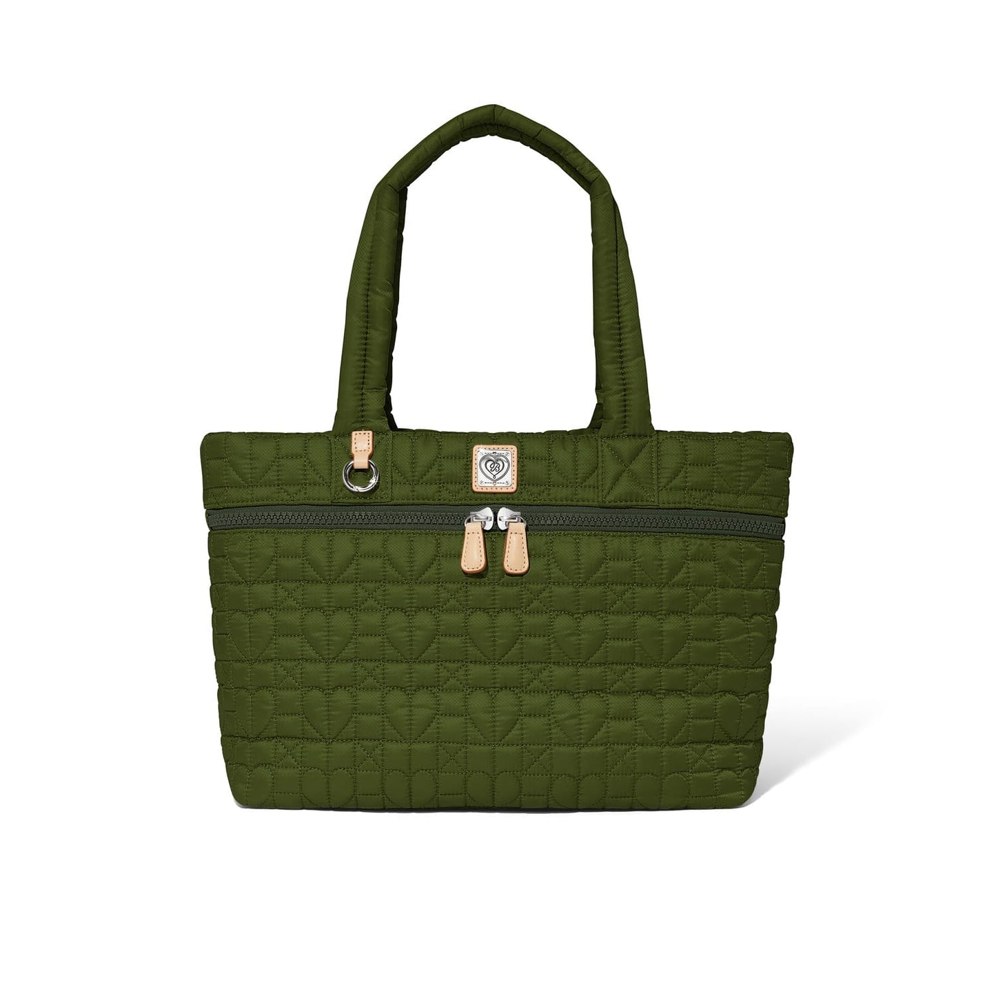 Brighton tote handbag in olive green quilted heart pattern with dual handles and front zip pocket on a white background