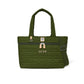 Brighton green quilted tote handbag with heart pattern, leather zipper pulls, and adjustable crossbody strap on a white background