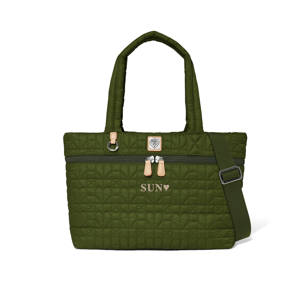 Brighton green quilted tote handbag with heart pattern, leather zipper pulls, and adjustable crossbody strap on a white background