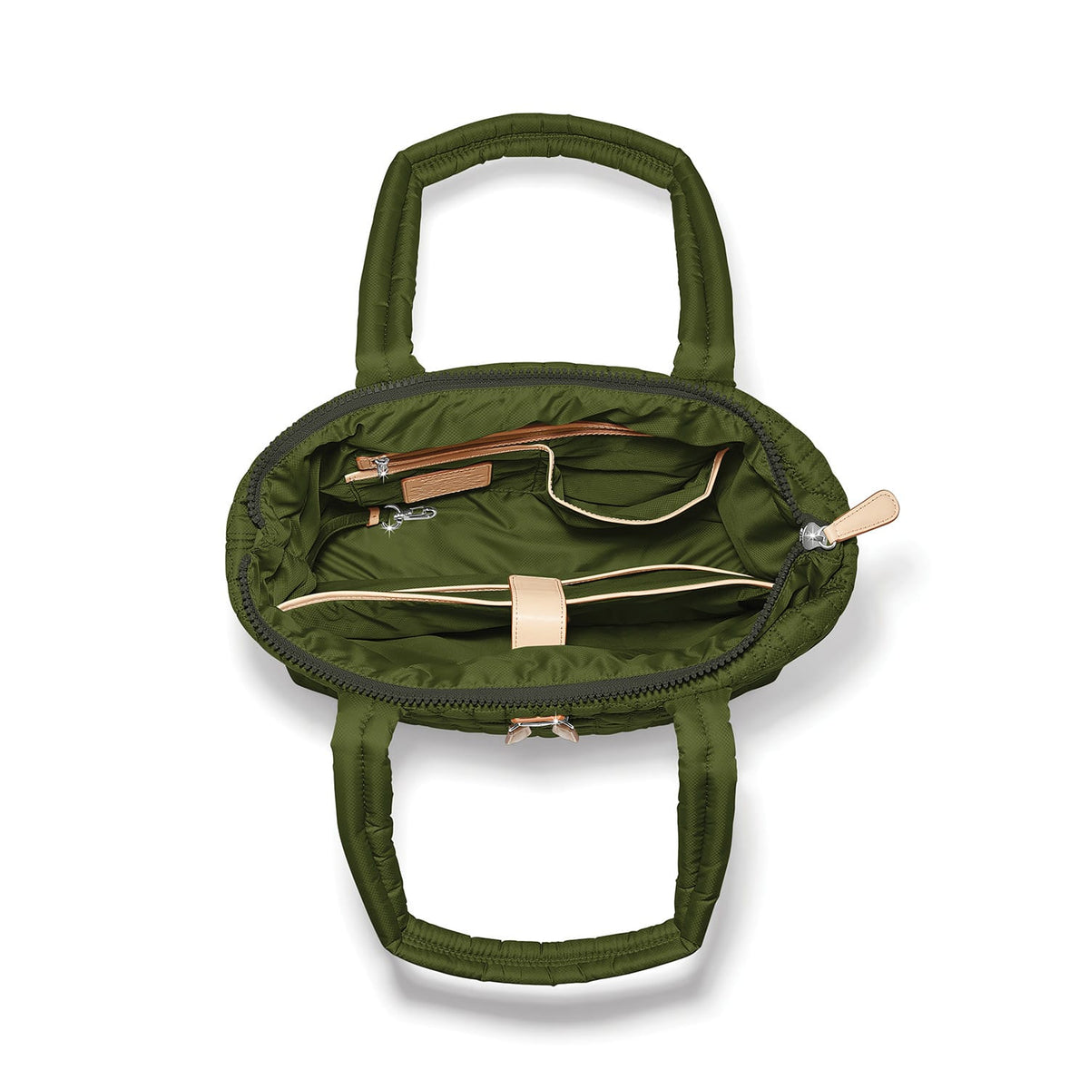 Brighton green quilted handbag shown open with interior pockets and tan leather accents on a white background