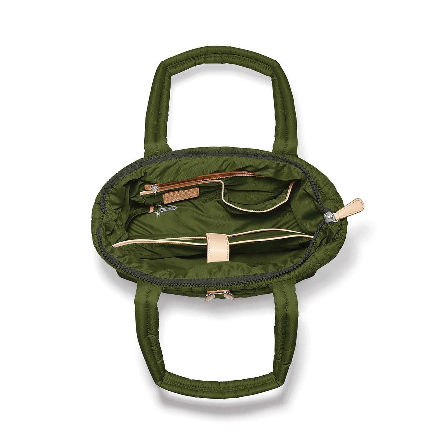 Brighton green quilted handbag shown open with interior pockets and tan leather accents on a white background