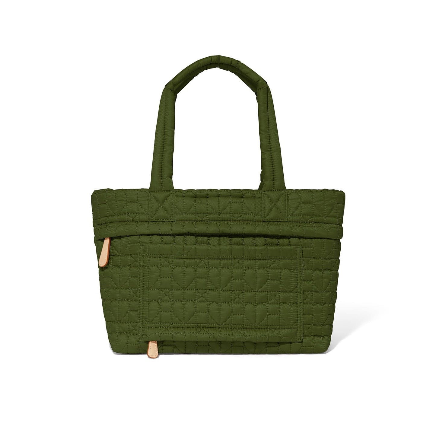 Brighton tote handbag in olive green quilted fabric with heart pattern, dual handles, and front pocket on a white background