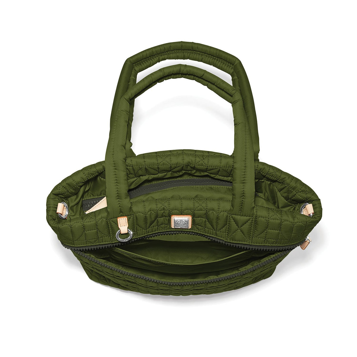 Brighton quilted handbag in olive green shown open from above with dual handles and zip closure on a white background
