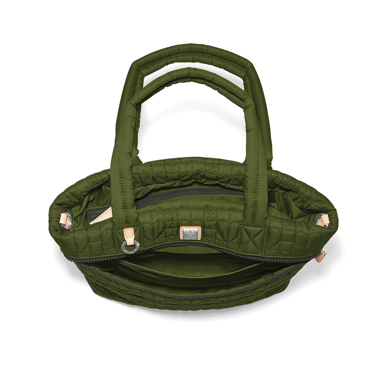 Brighton quilted handbag in olive green shown open from above with dual handles and zip closure on a white background