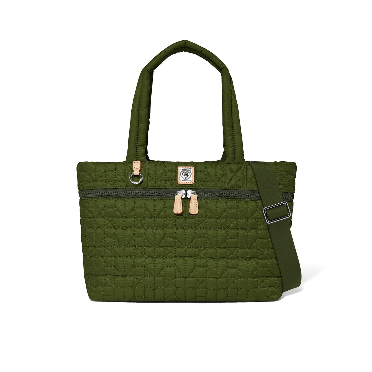 Brighton tote handbag in olive green quilted heart pattern with dual handles and adjustable crossbody strap on a white background