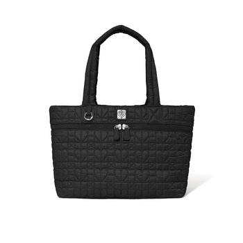 Brighton black quilted tote handbag with heart-patterned stitching, dual handles, and front zip pocket on a white background