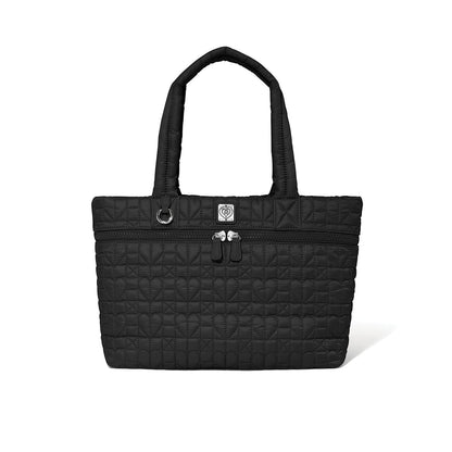 Brighton black quilted tote handbag with heart-patterned stitching, dual handles, and front zip pocket on a white background