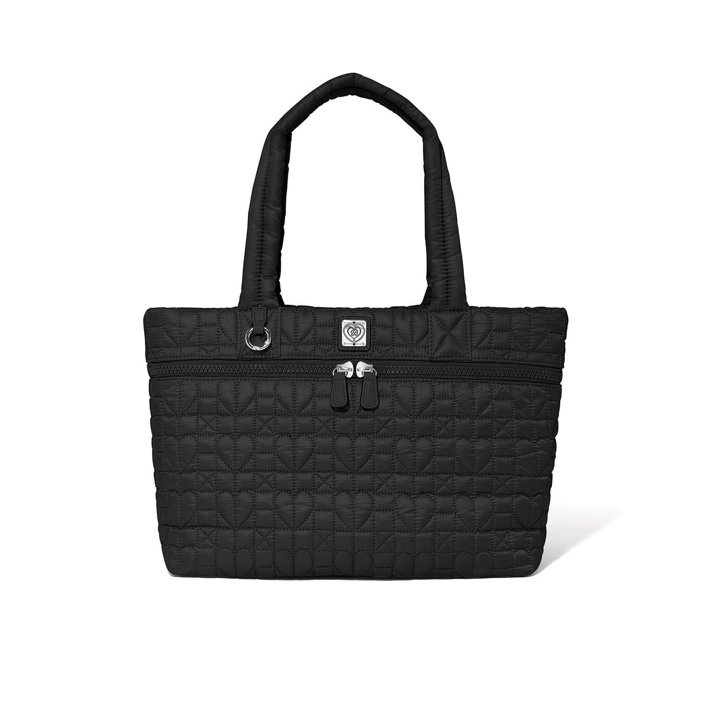 Brighton black quilted tote handbag with heart-patterned stitching, dual handles, and front zip pocket on a white background