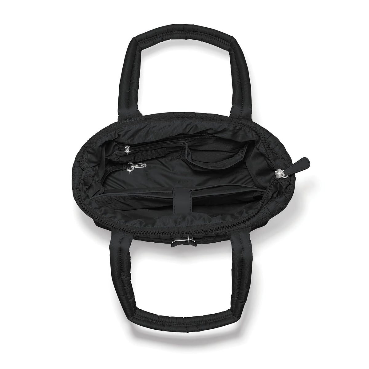 Brighton black quilted handbag shown open with interior pockets, zippered compartment, and dual handles on a white background