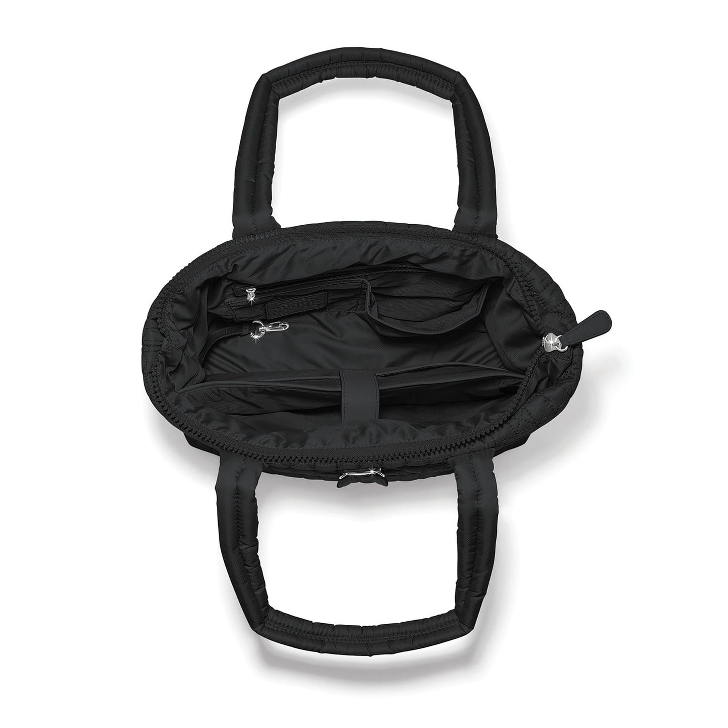 Brighton black quilted handbag shown open with interior pockets, zippered compartment, and dual handles on a white background