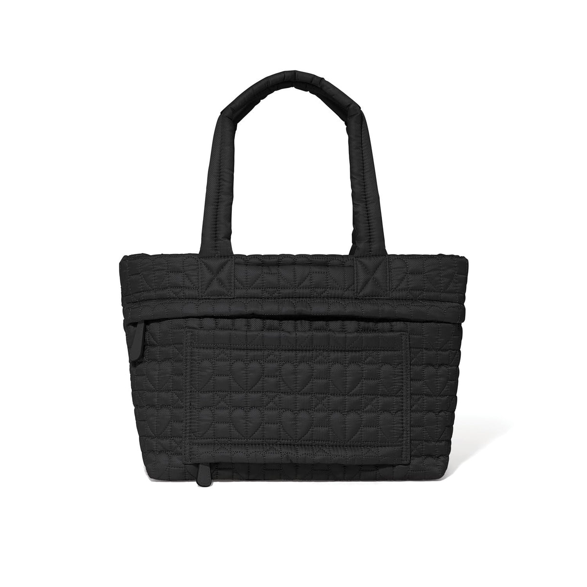 Brighton tote handbag in black quilted fabric with heart pattern, dual top handles, and front pocket on a white background