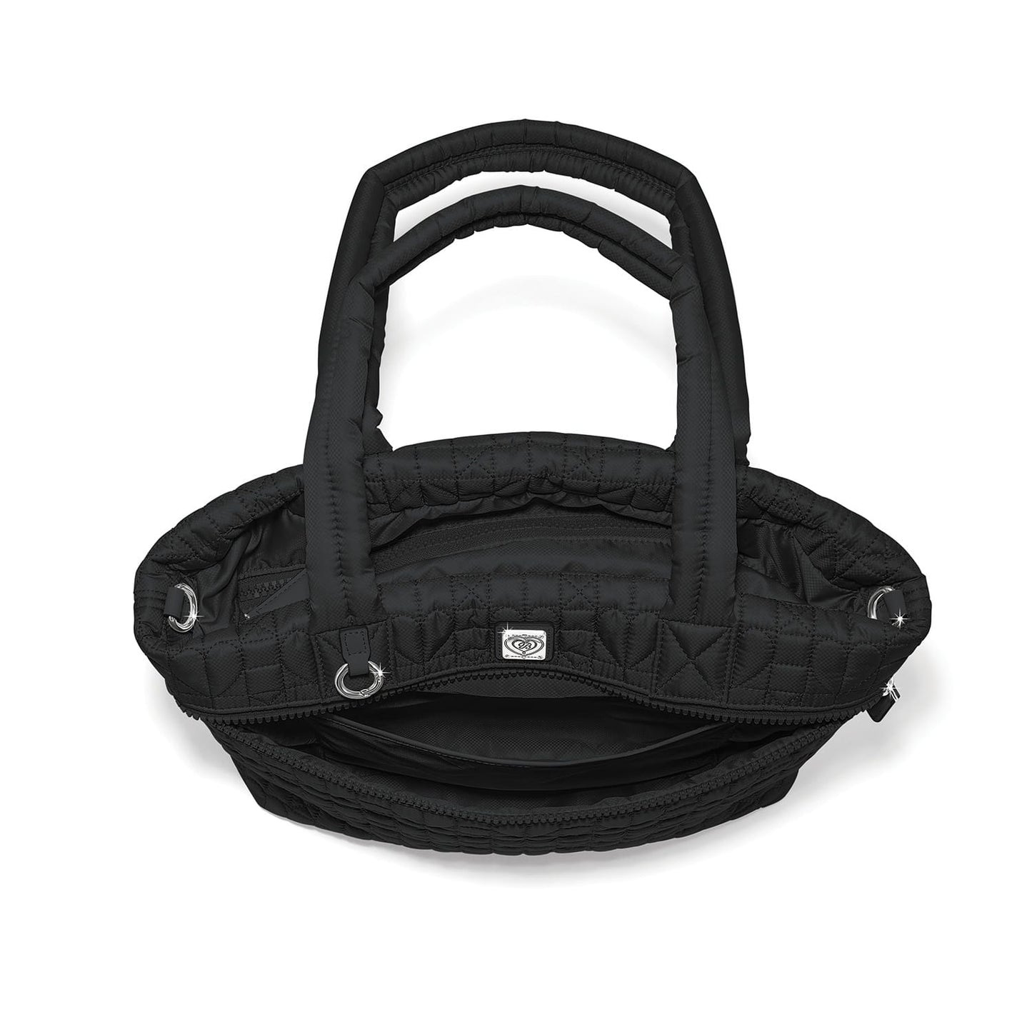 Brighton quilted handbag shown from above with dual padded handles and silver-tone hardware on a white background