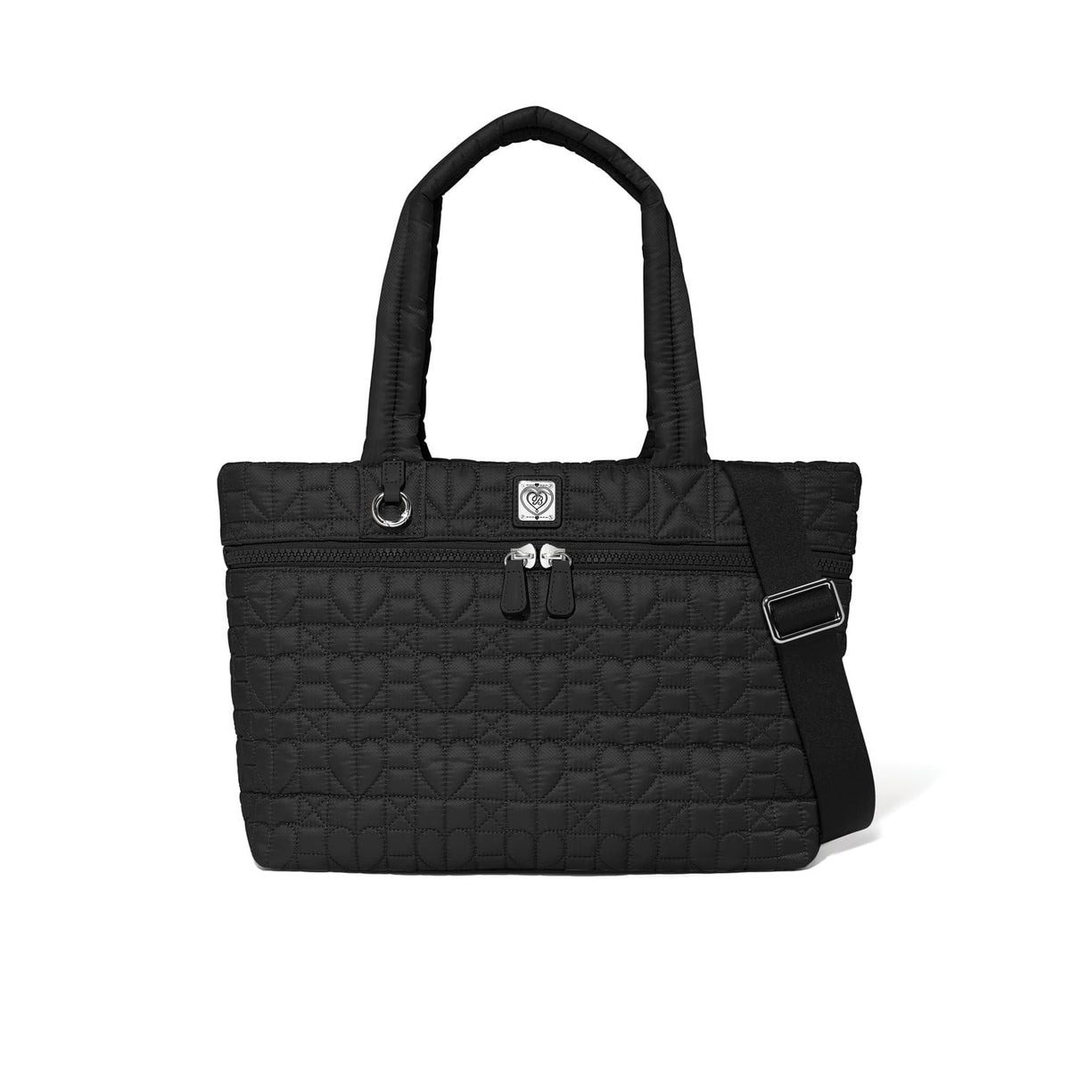 Brighton tote handbag in black quilted heart pattern with dual handles, front zip pocket, and adjustable strap on a white background