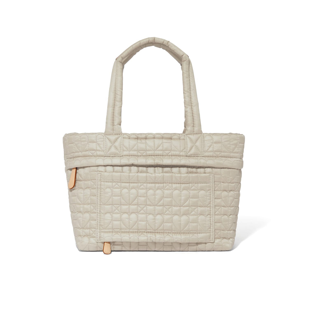 Brighton quilted tote handbag in cream with heart-stitched front pocket and padded top handles on a white background