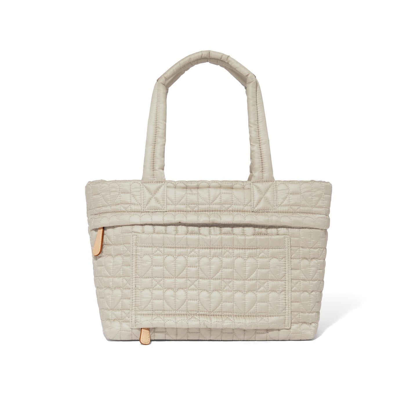 Brighton quilted tote handbag in cream with heart-stitched front pocket and padded top handles on a white background