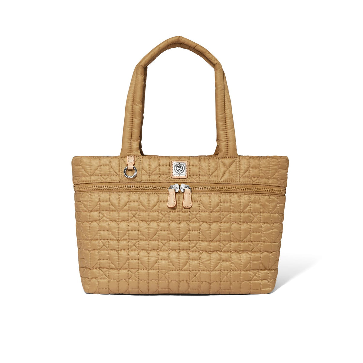 Brighton tote handbag in tan quilted heart pattern with dual handles and front zip pocket on a white background