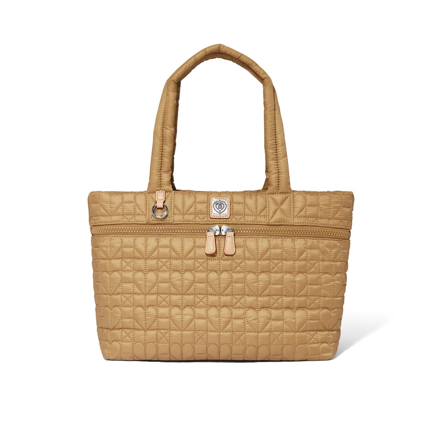 Brighton tote handbag in tan quilted heart pattern with dual handles and front zip pocket on a white background