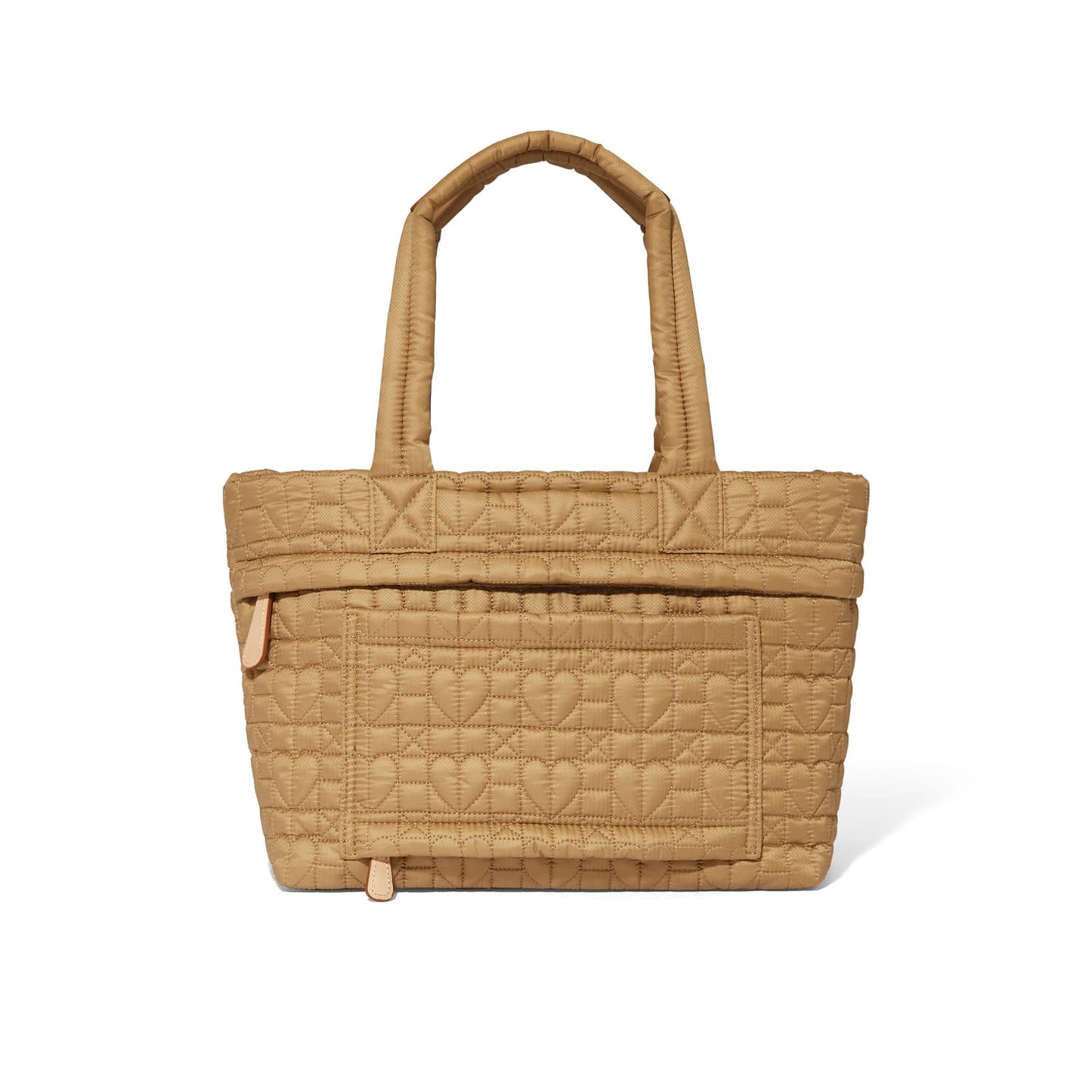 Brighton tote handbag in tan quilted fabric with heart pattern, dual top handles, and front pocket on a white background